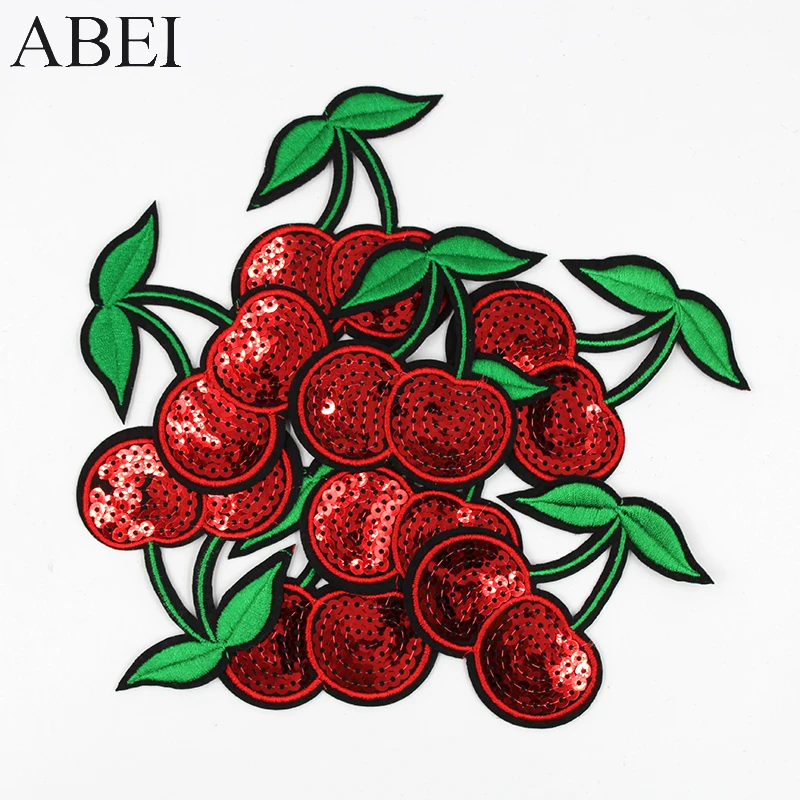 10pcs/lot Cherry Sequins Embroidered Patches Fruit Iron On Patch Sew On Appliques Motif Badge For Garment Stickers