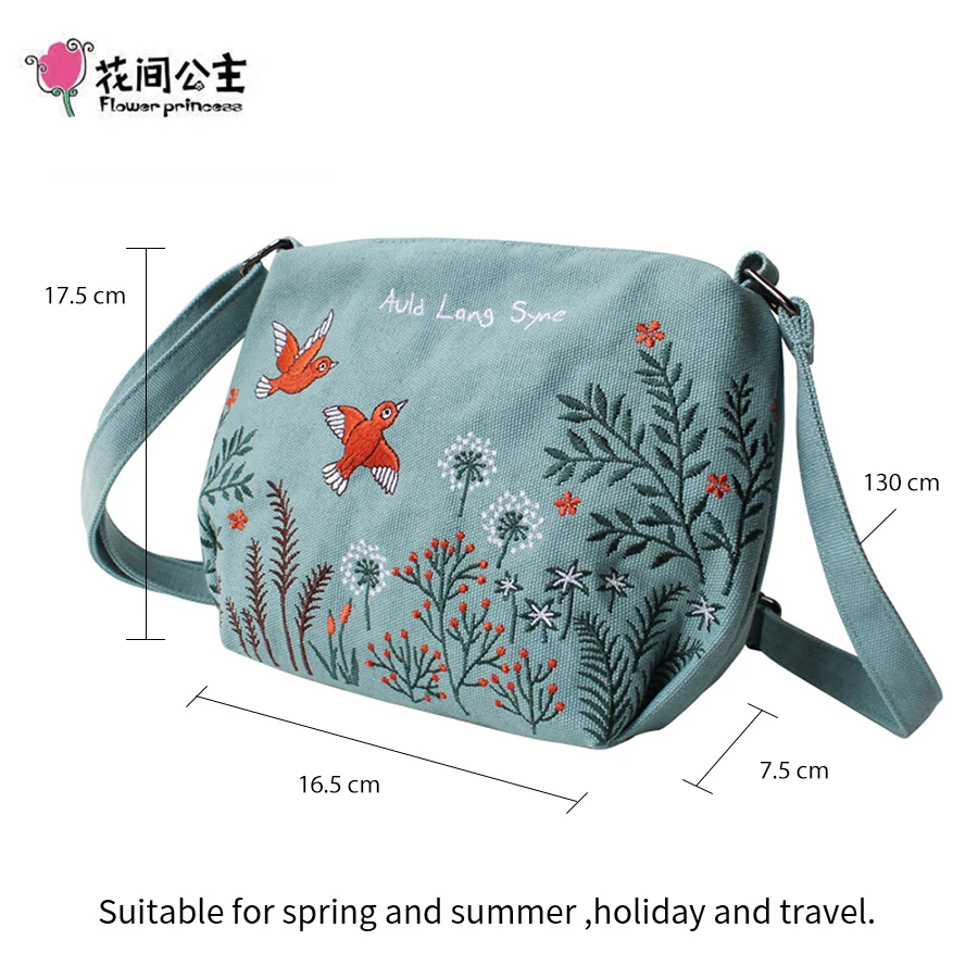 Flower Princess Women Crossbody Bag Summer Canvas Embroidery Girls Shoulder Bags Female Casual Handbags Small Purse Fashion Bag