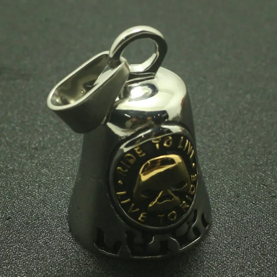 Cool Biker Jingle Bell 316L Stainlesss Steel Ghost Rider Flaming RIDE TO LIVE-LIVE TO RIDE Seketon Pendant
