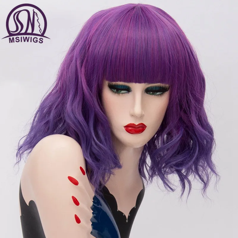 MSIWIGS Short Synthetic Cosplay Wigs Rose Net Wavy Wig with Bangs Purple Pink Ombre Hair Wigs for Women 22 Colors