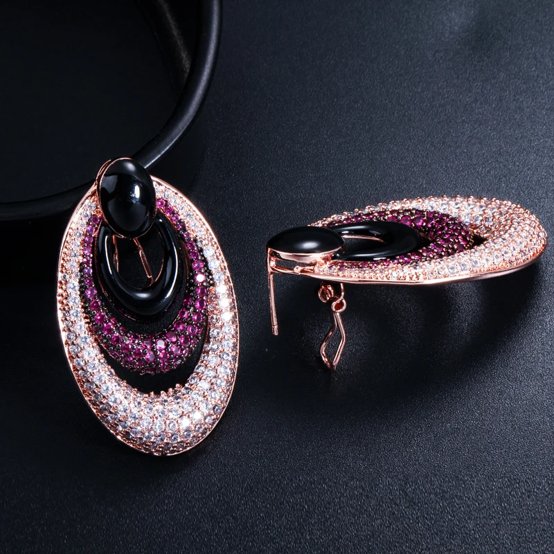 CWWZircons Luxury Brand Design Tiny Red Cubic Zirconia Pave Large Round Rose Gold Color Hoop Earrings Jewelry for Women CZ417