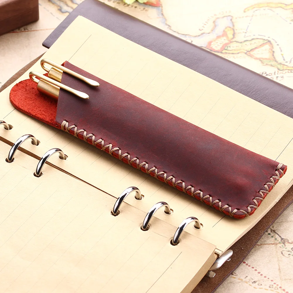 Genuine Leather Pencil Pouch Holder Double Pen Bag Sleeve For Fountain/Ballpoint Pen