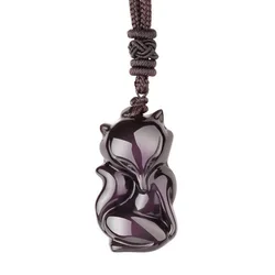 Natural Stones Obsidian Eyebrow Fox Pendants With Lucky Chain Jewelry Unisex Rainbow Eye Fox Pendant Necklace For Men Women New