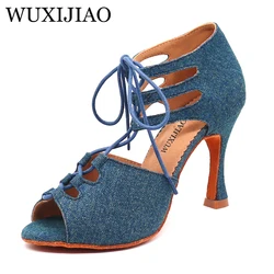 WUXIJIAO-Chaussures de danse latine à lacets en tissu denim pour femme, souliers d'astronomie souple, pour salle de Rh, fête de samba, 5-10cm, nouvelle collection