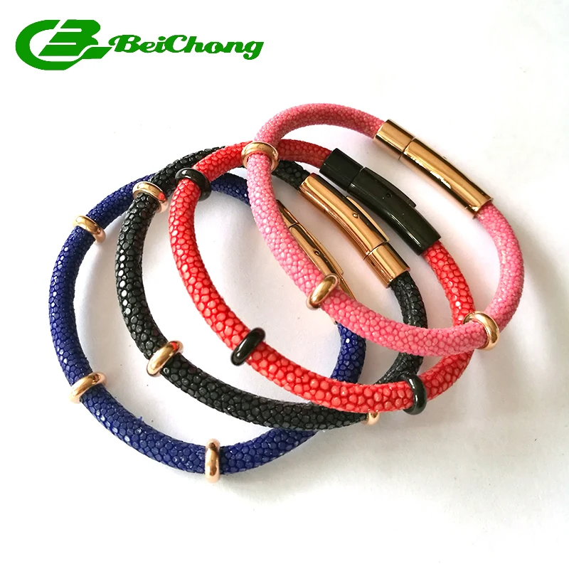 Beichong  Black Stingray Leather Bracelet Luxury Thailand Stingray Bangle For Men Jewelry with Stainless Steel Buckle