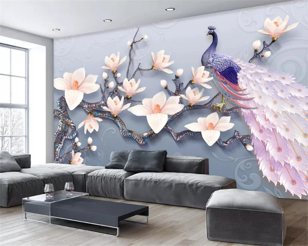 beibehang 3d wallpaper Custom fashion 3D embossed magnolia peacock fresh European TV background papel de parede wall paper