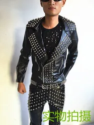 Hot Punk rock band DJ men's singer costume non mainstream Chic Full Rivet Leather Men singer costumes jacket Guitar Show