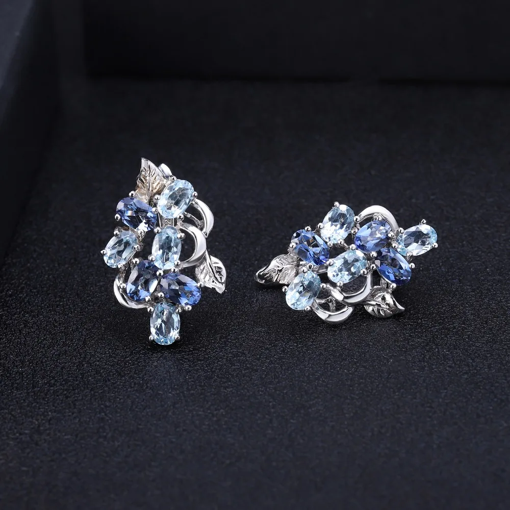 Gem's Ballet Multicolor Natural Sky Blue Topaz Mystic Quartz Stud Earrings 925 Sterling Silver Flower Earrings For Women