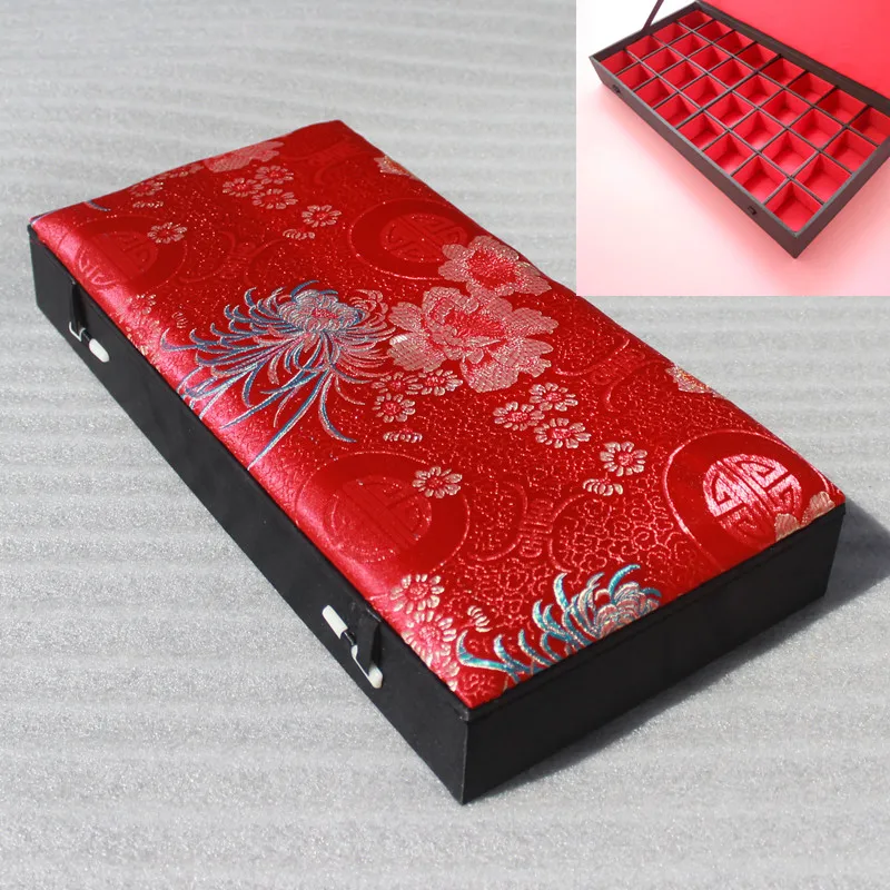 Chinese Silk Brocade Small Grid Jewelry Box 32 Slots Ring Earring Pendants Necklace Wood Storage Boxes Collection Case