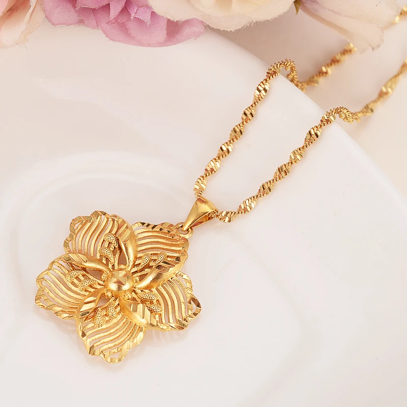 Ethiopian Beautiful Gold Color Big Flower Jewelry Set for Women Pendant Chain Earrings African Bride Wedding Bijoux Gift