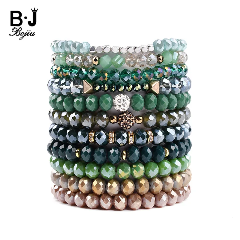 BOJIU Trendy Elastic Faceted Crystal Charm Bracelet For Women Zircon Ball Green Brown Gray Sky Blue Crystal Beads Bracelet BC275