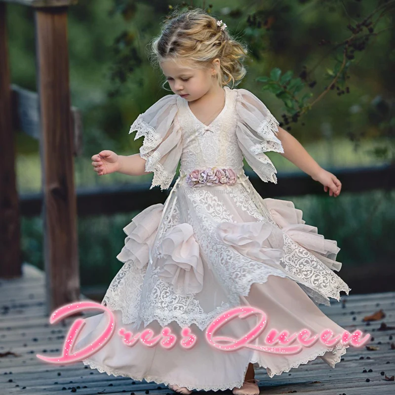 

2021 New Flower Girls Dresses for Weddings A-Line Short Sleeves Appliques O-neck First Communion Pageant Gowns Vestidos Longo