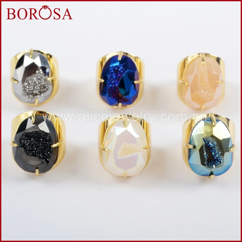 

BOROSA 5PCS New Arrival Egg Shape Gold Color Claw Titanium Druzy Faceted Ring Jewelry, Rainbow Drusy Ring Gems for Women ZG0312