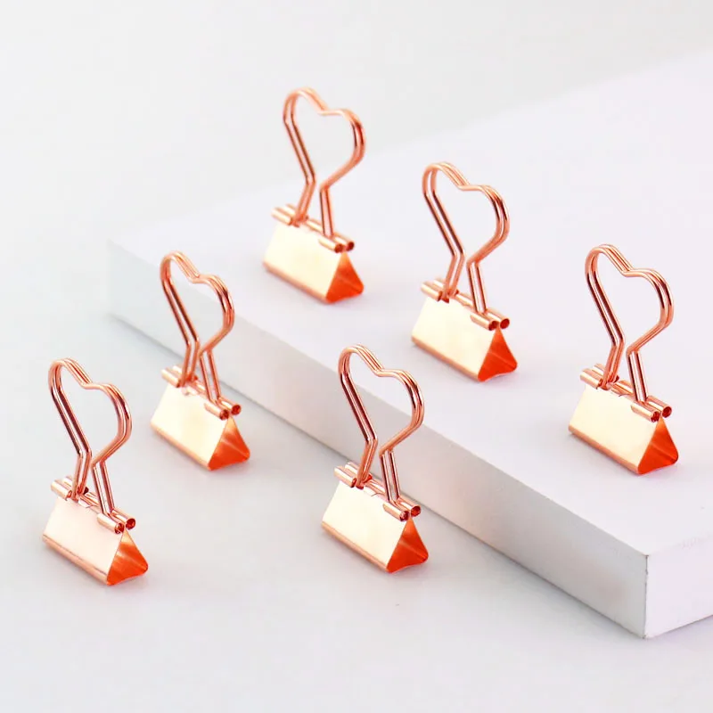 TUTU 12pcs/lot Solid Color Rose Gold Metal Binder Clips Notes Letter heart shape Paper Clip Office Supplies H0026