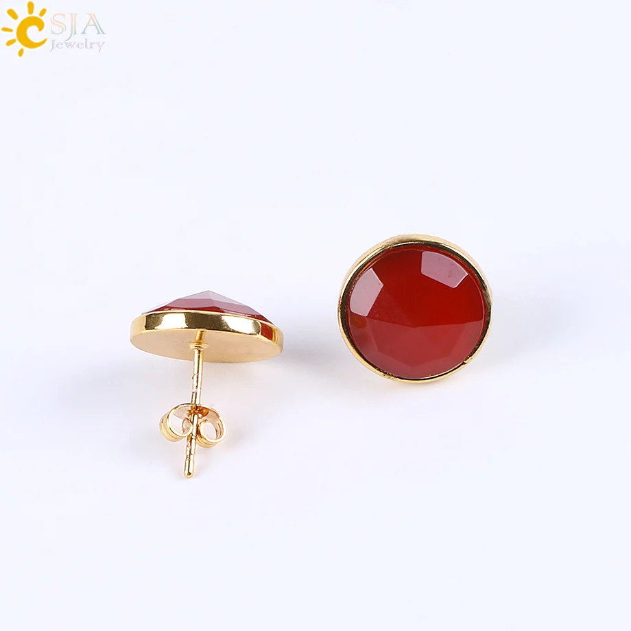 CSJA Femme Gold Color Round Stud Earrings Natural Gem Stone Green Black Red Earring Lapis Lazuli Pink Crystal Beads Jewelry E597