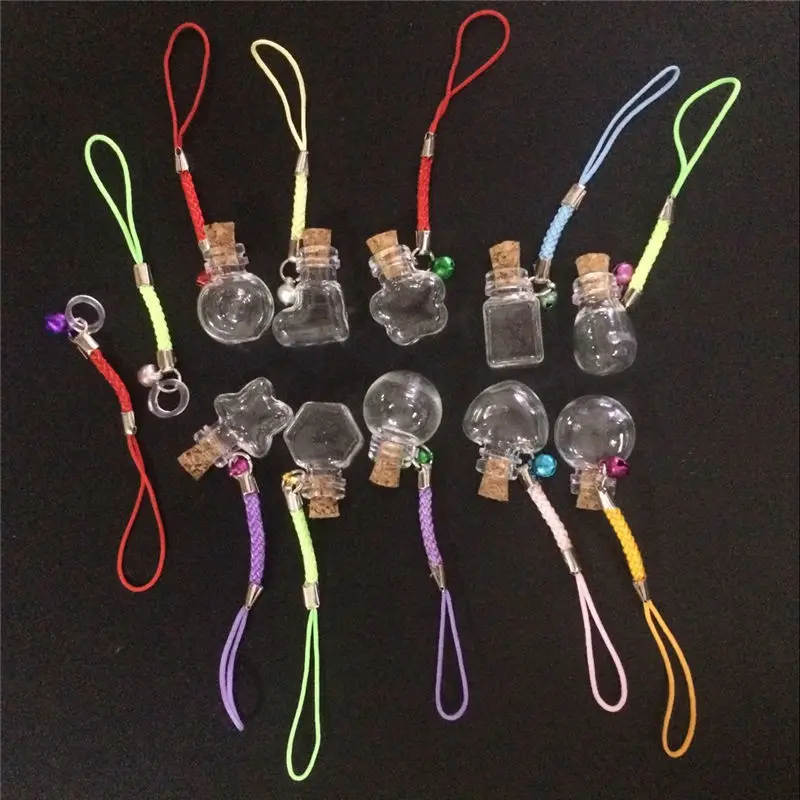 Mini Glass Bottles Pendants with Chain Small Wishing Bottles Glass Vial Arts Jars For Key Bracelets Gift Bottles Mixed 10 Shapes