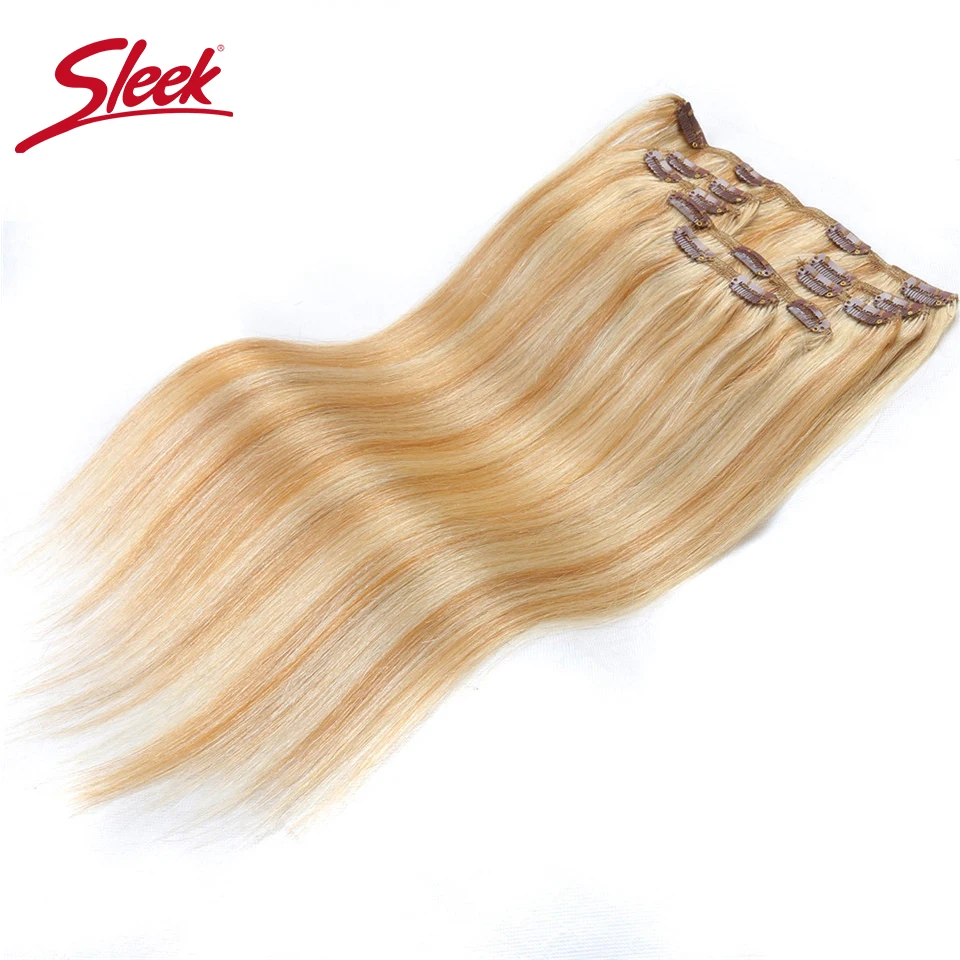 

Sleek Hair 7Pcs Clip in Human Hair Extensions Brazilian Straight Honey Blonde #P27/613 Color Remy Hair Extension Clip