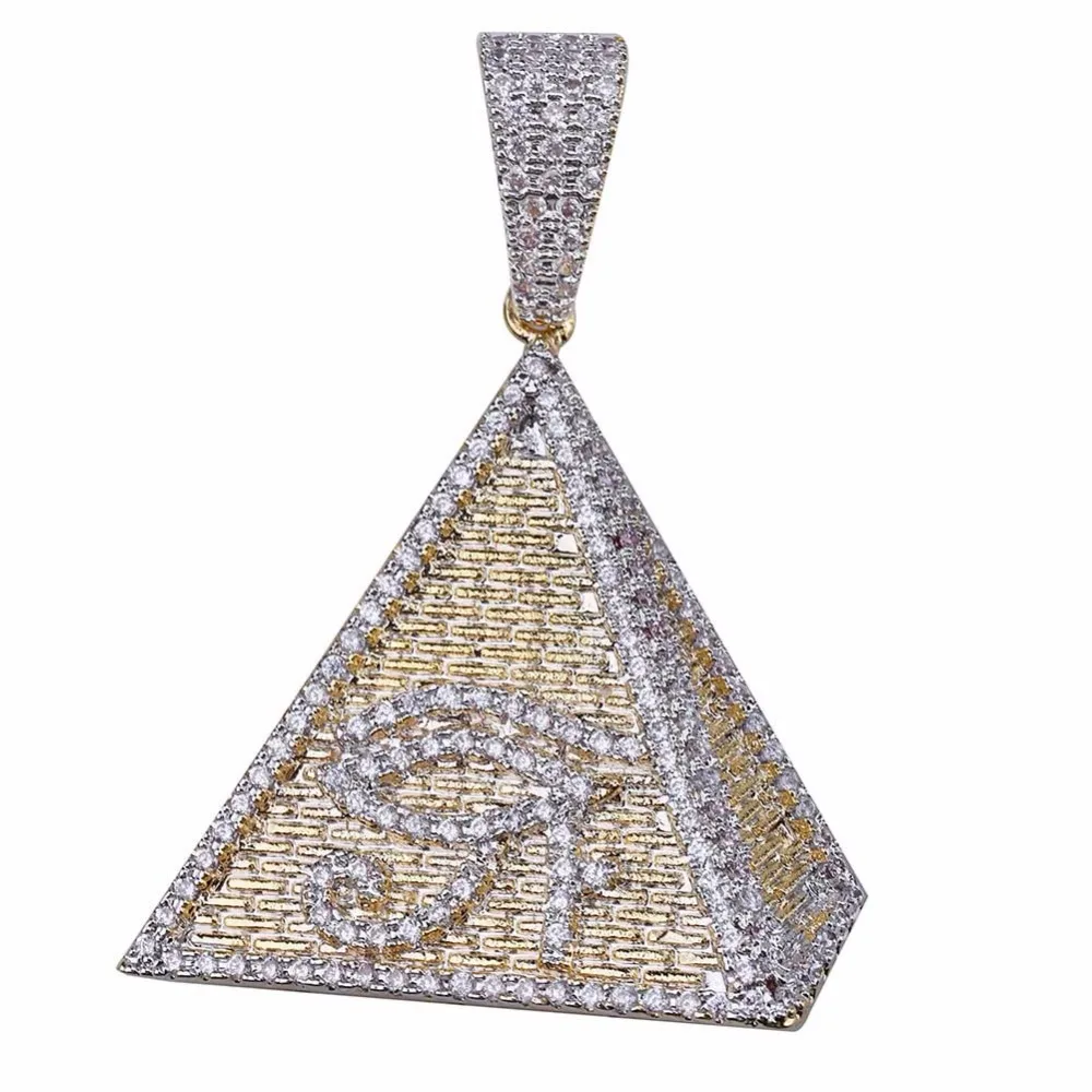 Micro Paved CZ Rhinestone Bling Ice Out Gold Color Pyramid Horus Eye Pendants Necklaces Men's Hip Hop Rapper Jewelry