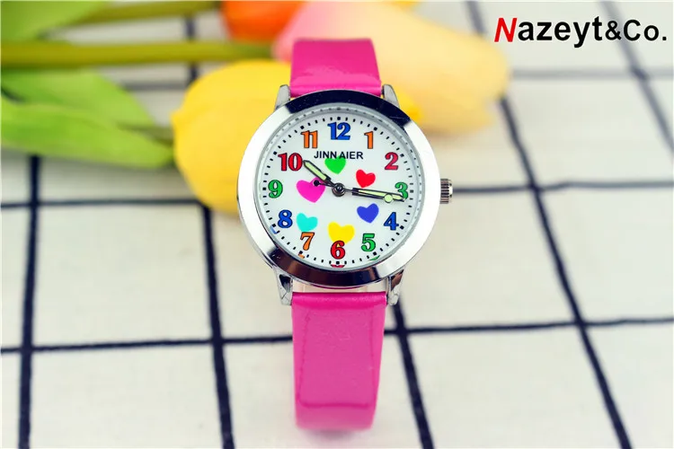 Reloj de pulsera con manos luminosas para niños y niñas, bonito reloj de cuarzo para estudiantes con cara de corazón, reloj de cuero para niños