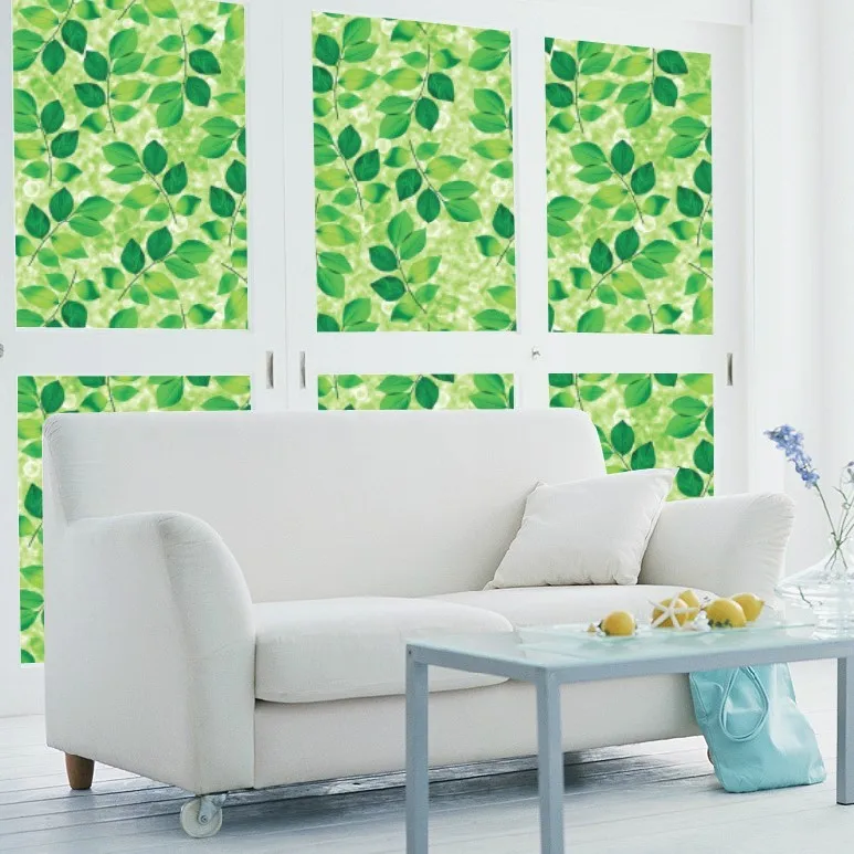 Waterproof Static Frosted Glass Sticker, No Glue, Green Leaf, Decorative Films, Bedroom and Bathroom, 45-90cm