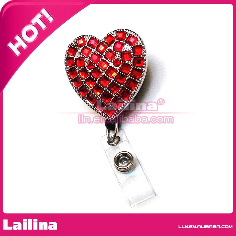 

Rhinestone Crystal Reel Retractable ID Badge Holder For Nurse Airline(Red Heart)