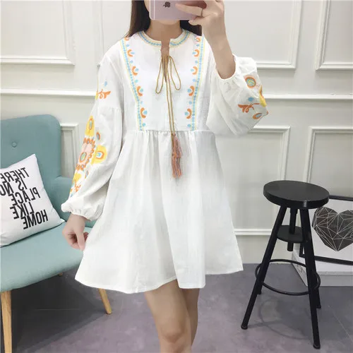 Cheshanf Women Embroidery Dress Long Sleeve Autumn Dress Blue Red White Black Casual A Line Short dress