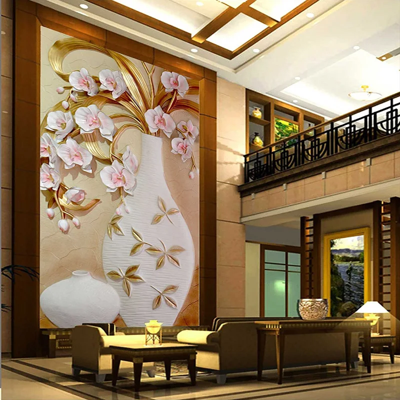 Custom Size 3D Stereoscopic Relief Flowers Vase Living Room Entrance Backdrop Wall Mural Designs 3D Soundproof Mural Wall Papers