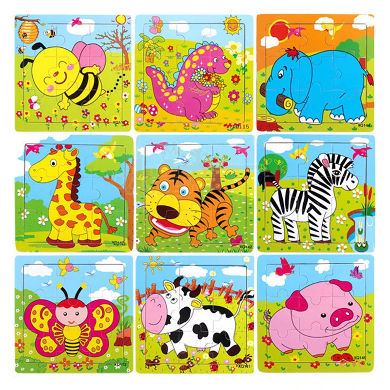 9 Pieces Cartoon Animal Prints Puzzle Wooden Baby Toy  Jigsaw Kids Learning and Education Tool Animals Plane Pattern Puzzles