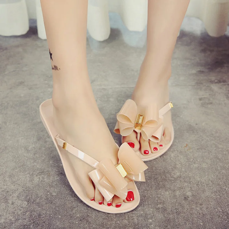 transparent camellia flipflops woman brief bow slippers summer clip toe flat rivet sandals  jelly sandals woman holiday slides