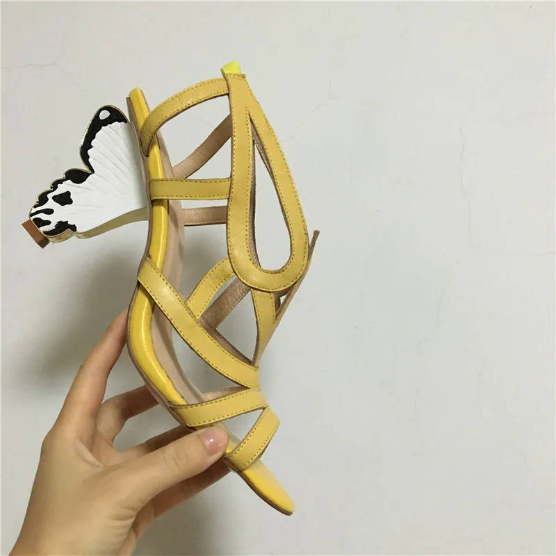 New Design Women Gladiator Sandals Leather Summer Sandalias Yellow Leather Huarache Butterfly High Heels Shoes Woman Stilettos