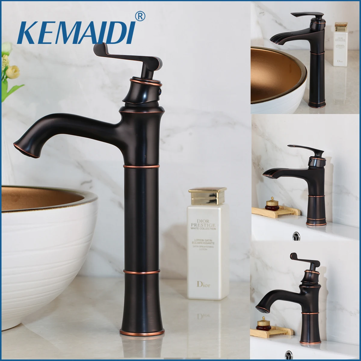 

KEMAIDI Bathroom Faucet Basin Stream Spout Tap Black Oil Rubbed Bronze Bathroom Deck Mount Sink Vanity Tap Mixer Faucet