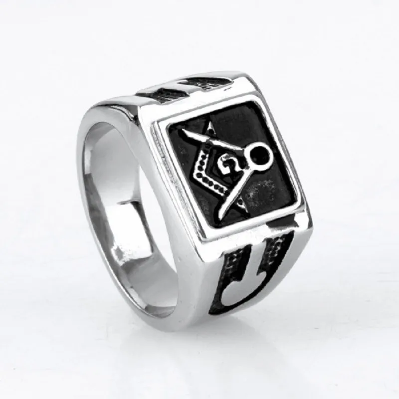 Mens Silver color Ring Square Free Mason Freemasonry Masonic Ring 316L Stainless Steel Ring Jewelry