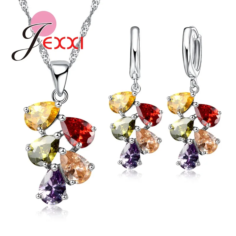 Charm Branch Pendant 5 Colors Women Girls Necklace Earrings 925 Silver Color Fashion Jewelry Set Cubic Zirconia