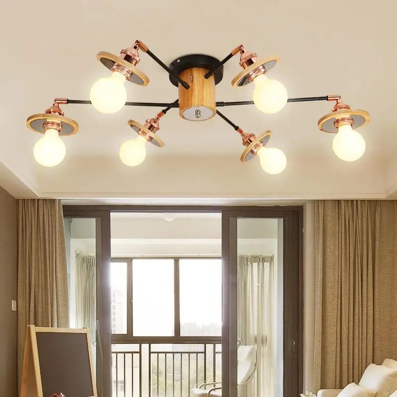 6-arm Art gallery spider ceiling light fixtures Living Room Nordic home office Wood Ceiling Lamp Lamparas E27 bulb not included