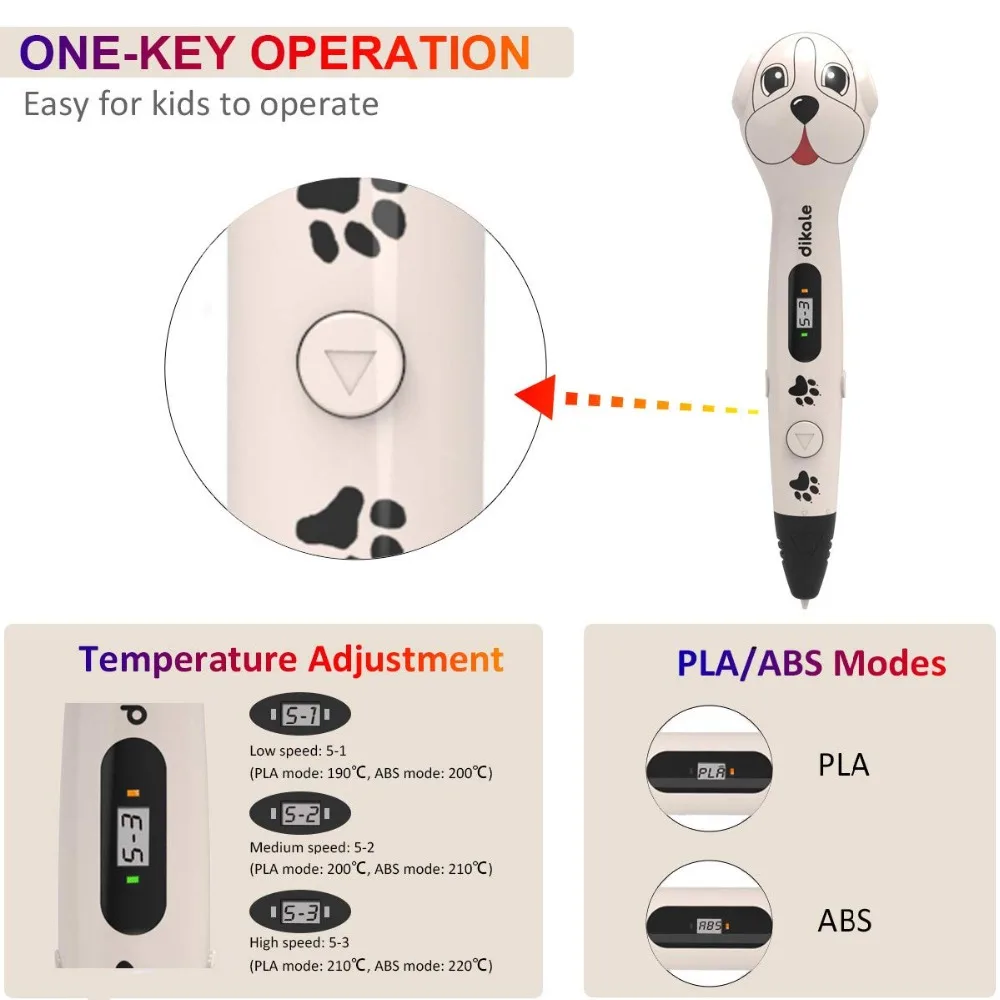 Dikale 3D Printing Pen OLED Screen Cute Dog 3D Pen Printer Pencil Free 3Mx12 Colors PLA Filament Refill DIY Creative Hobbies Toy