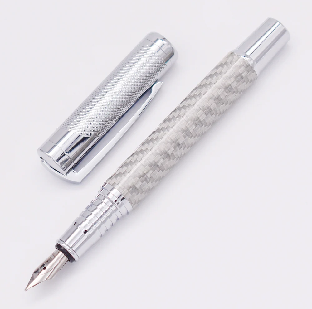 Fuliwen Carbon Fiber Exquisite Fountain Pen Medium Nib 0.7mm , Fashion Silver Color Quality Writing Pen for Office Business