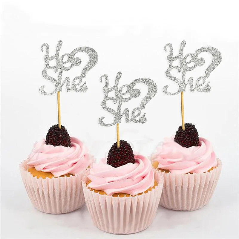 Chicinlife 5Pcs Gold He Or She Cupcake Toppers Boy Girl Birthday Party Baby Shower Gender Reveal Party Cake Decoration Supplies