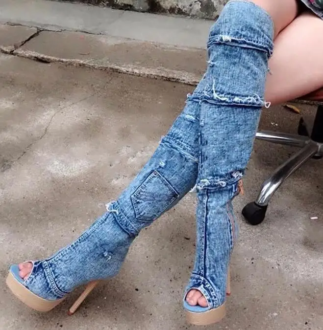 Woman Platform Wedge Boots Denim Blue Lace Flower Knee High Boots Sexy Open Toe Cutouts Sandal Boots Summer High Heel Boots