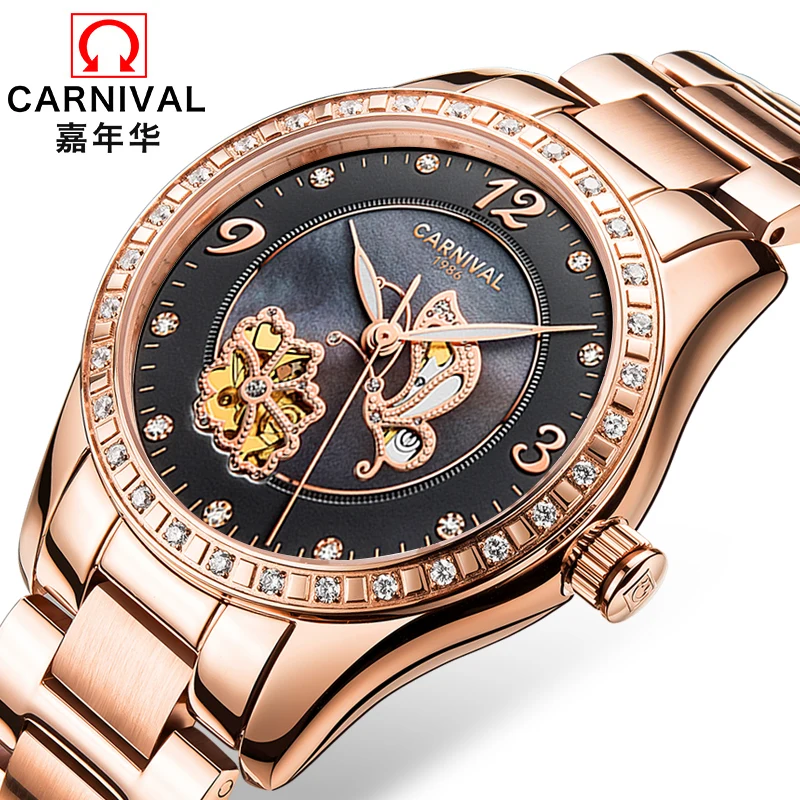 Switzerland CARNIVAL Luxury Brand Automatic Mechanical Women's Watches Sapphire Waterproof Skeleton Luminous Hand Clock C8009L-2