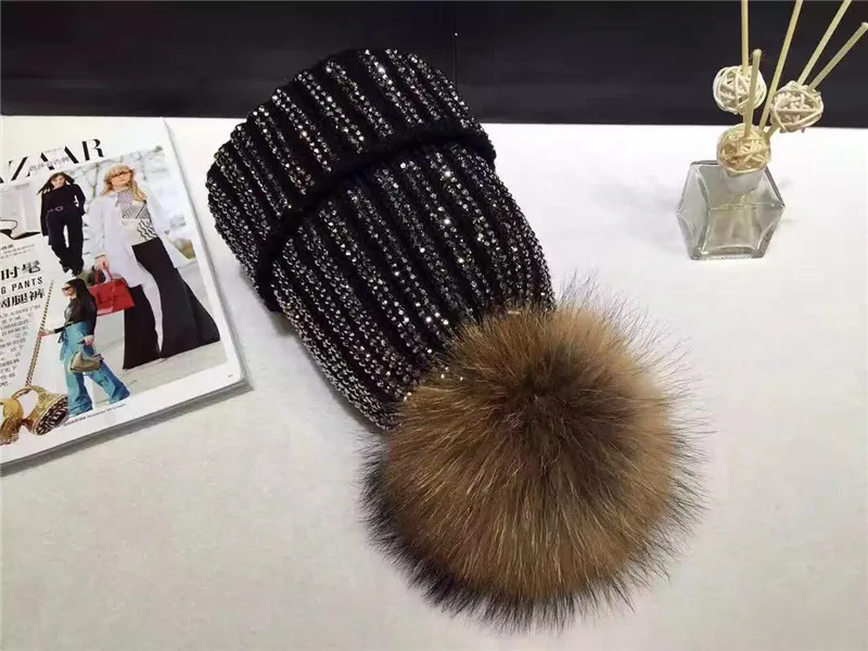 Removable Winter Warm Fur Pom pom Knitted Hats Women Handmade Striped Rhinestone Bones Skullies Beanie With 15cm Fur Ball