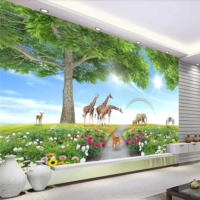 

Custom wallpaper HD big tree animal world children's room sofa living room wall high quality material waterproof