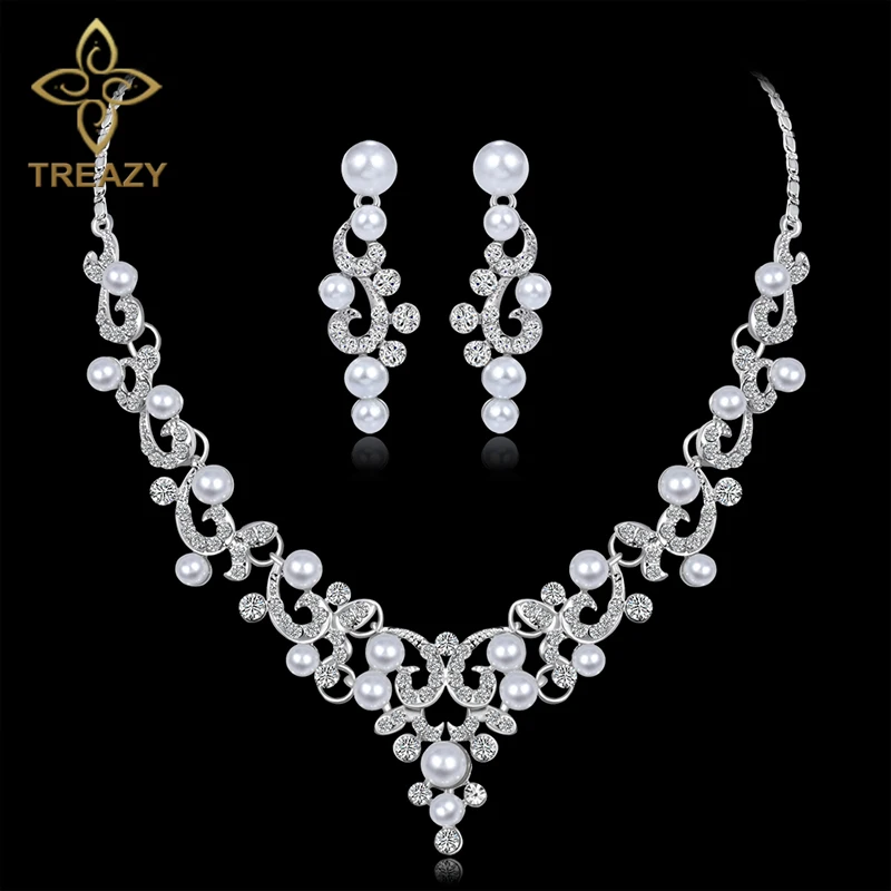 TREAZY Fashion Simulated Pearl Bridal Jewelry Sets Silver Color Crystal Floral Necklace Earrings Sets 2018 Wedding Jewelry Set