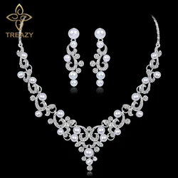 TREAZY Fashion Simulated Pearl Bridal Jewelry Sets Silver Color Crystal Floral Necklace Earrings Sets 2018 Wedding Jewelry Set