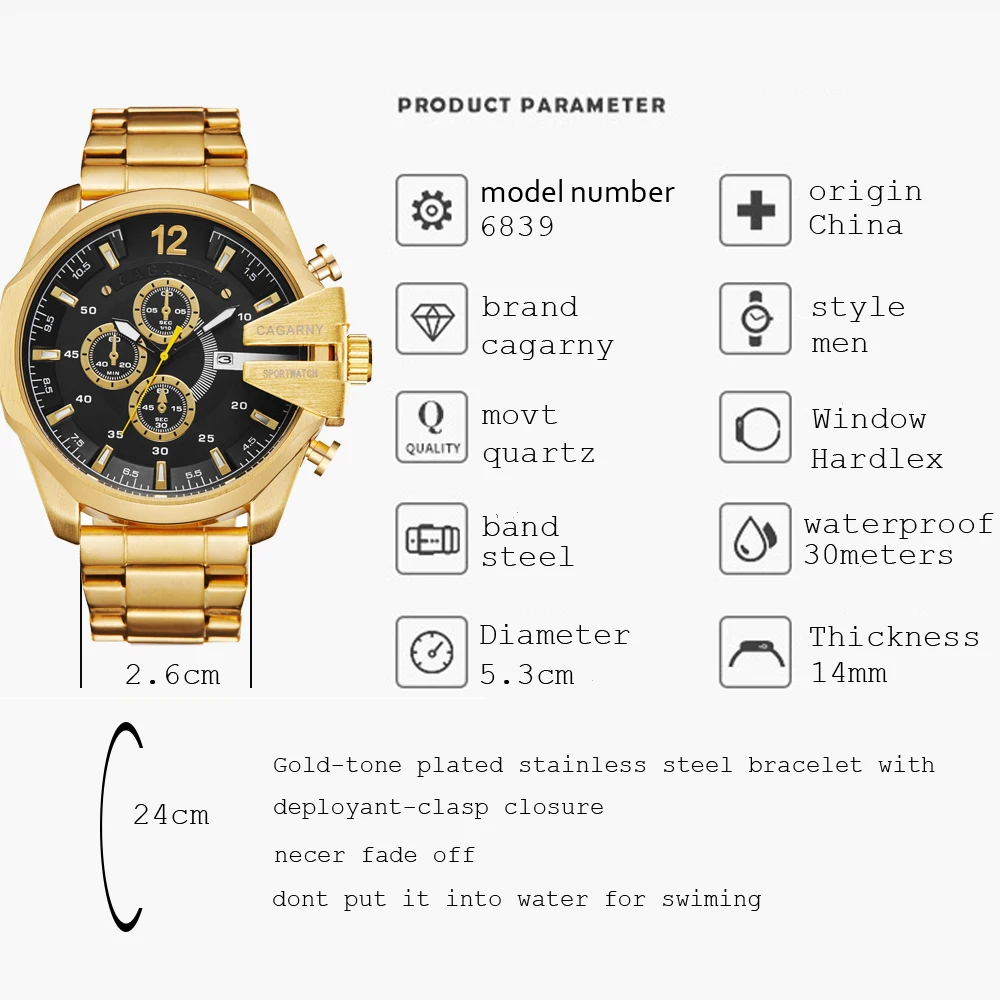 Cool Black Gold Mens Watches Man Luxury Brand Large Case Quartz Watch for Men Stainless Steel Relogio Masculino Male Clock XFCS