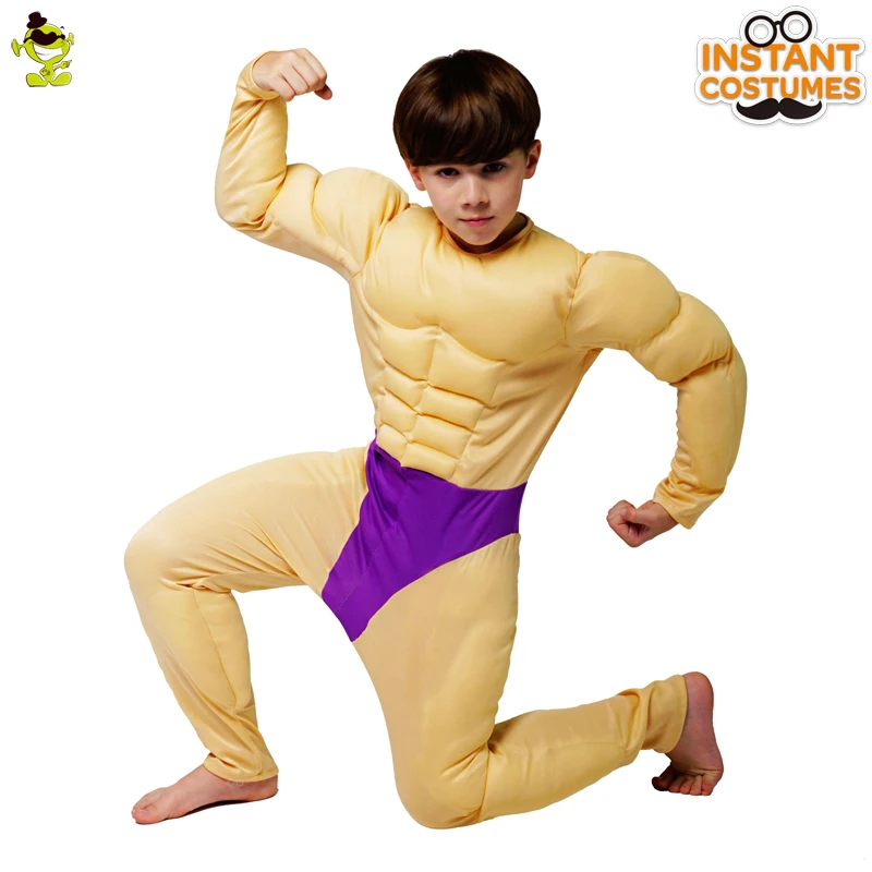 Purim Adult Costumes Cosplay Muscle Jumpsuit Role Play Halloween  Child Boy Muscle Strong Man Clothes