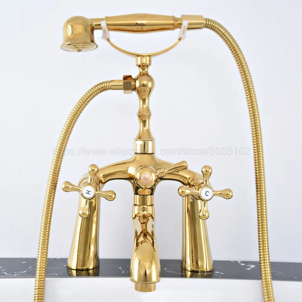 Deck Mounted Bath Tub Faucet Luxury Gold Color Brass Bathtub Faucets with Hand Shower Dual Handle Mixer Tap ztf772