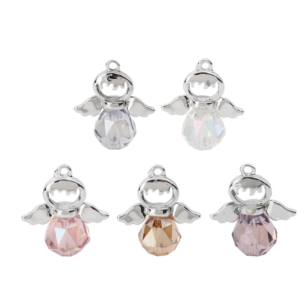 Doreen Box New Metal Glass Charms Fairy Silver Color Pink Faceted Fashion Pendants Handmade DIY Making Necklace Jewelry,5PCs