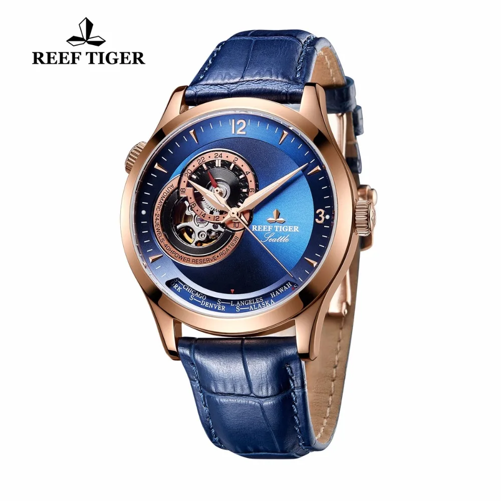 Reef Tiger/RT Casual Watches Water Resistant Rose Gold Blue Dial Watches Leather Watch Band Automatic Watches RGA1693