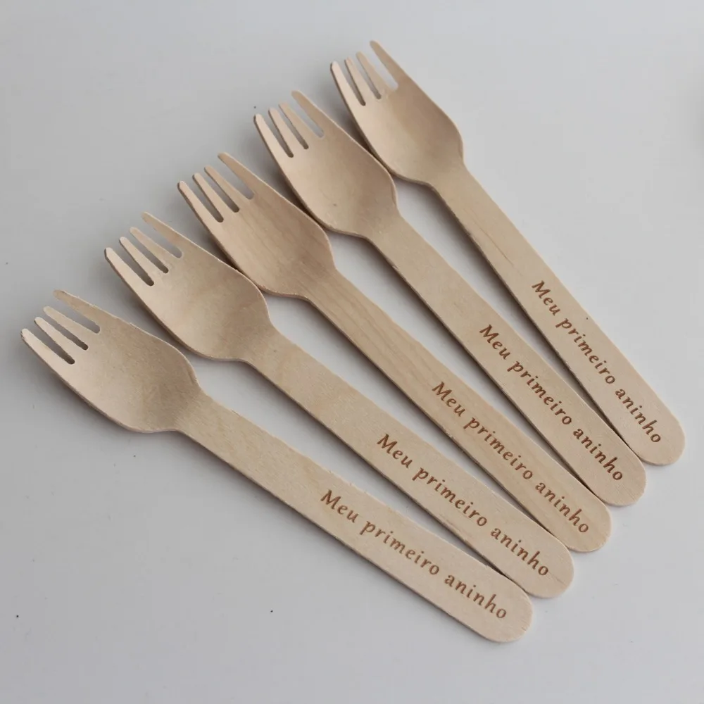 x50 Personalized My First Night Wooden Utensils Biodegradable Disposable Dessert Salad Forks Party Cake Dinner Forks 16cm