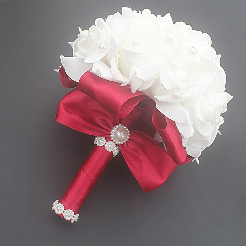 12 Color POP Pearls Burgundy Flower PE Foam Wedding Bouquet De Mariage Wedding Bouquets PE Rose Diamond Ribbon Bouquet W2017P